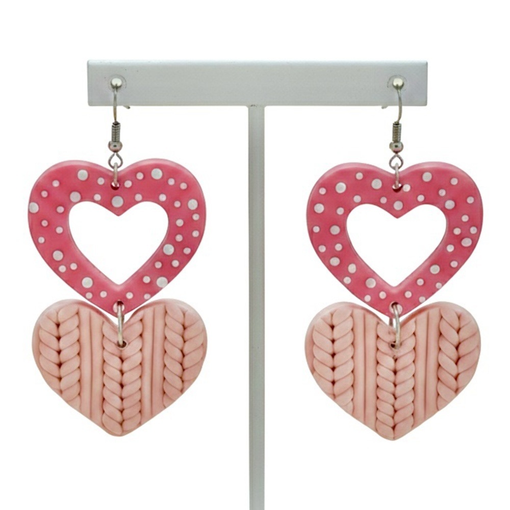 Sweater Texture & Polka Dot Heart Dangle - Handmade Earrings - Valentine’s Day